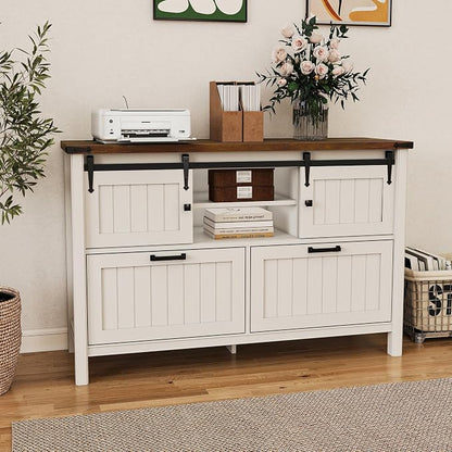 Lateral File Cabinet with Charging Station, Farmhouse Sliding Barn Doors & 2 Drawers, Antique White Printer Stand for Letter/A4/FC Hanging Folders