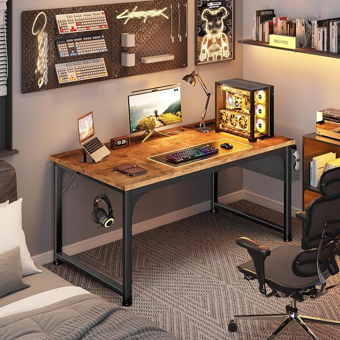 DurayLoly 47 x 24 inch Desk, 24mm Thick Heavy Duty Computer Desk with RGB LED & Power Outlets, Detachable Stand, Hooks & Storage Bag, 110LBS Capacity, Home Office Gaming Desk, Brown