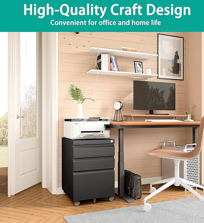 SISESOL 3 Drawer Mobile File Cabinet with Lock,Black Under Desk File Cabinets with Wheels,Rolling Metal Filing Cabinet for Home Office,Fit Legal/Letter/a4 File,Fully Assembled Except Caster