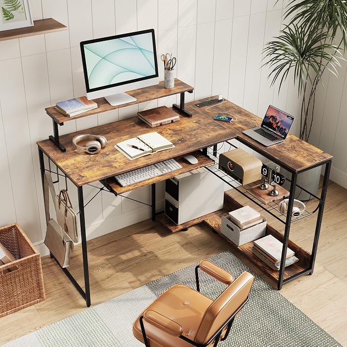 L Shaped Gaming Desk with Power Outlets & RGB Lights, 46'' L- Shaped Desk Computer Corner Desk with Monitor Stand & Storage Shelf & Hook, Home Office Desk Writing Desk, Brown