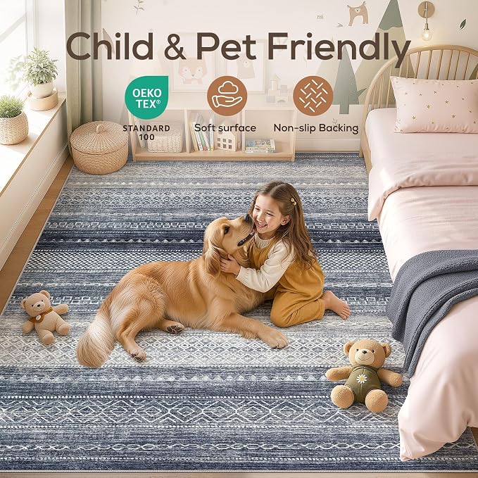 6x8 Area Rugs Living Room: Washable Boho Large Neutral Soft Rug Modern Stain Resistant Moroccan Indoor Non Slip Floor Carpet for Bedroom Nursery Kids Playroom Office Dining Room Dorm- Blue