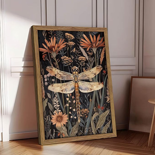 Vintage Framed Dragonfly Wall Art, Dark Academia Insect Art Print, Modern Farmhouse Wall Decor, Botanical Floral Canvas, Rural Dragonfly Painting Artwork for Bedroom Living Room 12x16 inch
