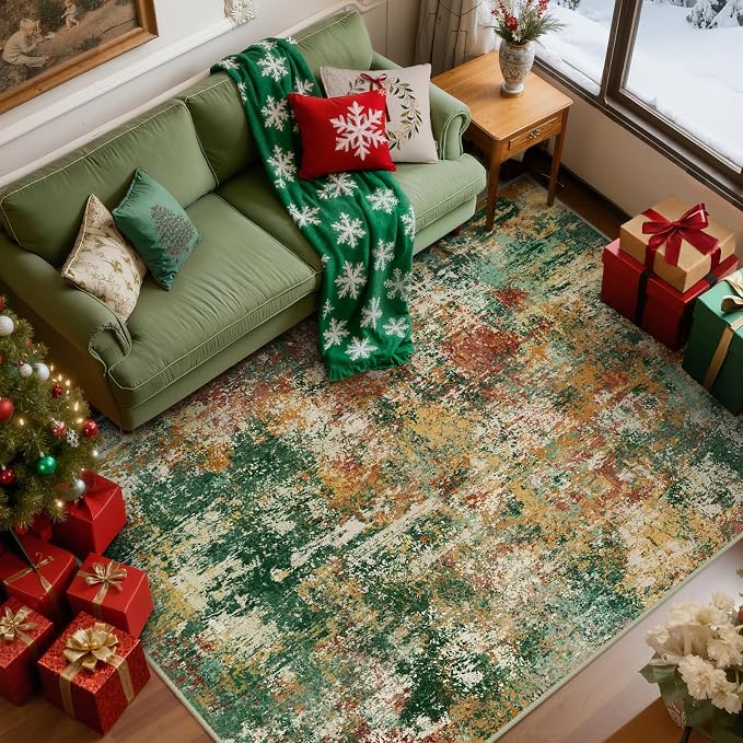 RELEANY Washable Area Rugs 8'x10' Non-Slip Modern Abstract Soft for Living Room Entryway Bedroom Kitchen, Print Pattern, Green Orange Rust Red Cream Colorful