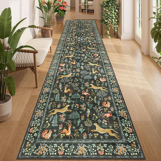 DUKINO 3x12 Runner Rug, Non Slip Animal Print Runner Rug for Hallway, Vintage Low Pile & Stain Resistant Soft Indoor Long Carpet Runner for Kitchen, Bathroom, Laundry, Bedroom, Black