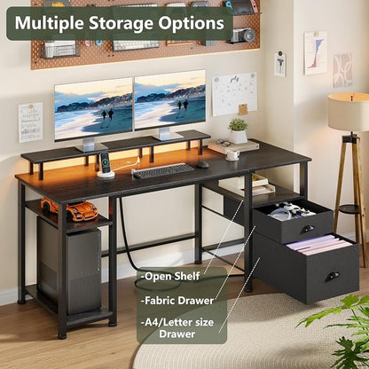 Furologee 61" Gaming Desk with Power Outlets & LED Lights, Reversible Computer Desk with File Cabinet & Monitor Stand for Home Office, Large Work Table with Storage Shelves & Drawer, Black