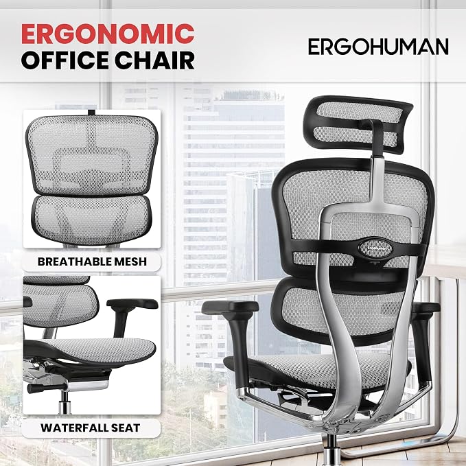 Ergohuman Eurotech ME7ERG GEN2 High Back Mesh Office Chair with Tilt Tension Control, Tilt Lock, Back Angle, Back Height, Synchro Tilt, Seat Height, Seat Depth, and Arm Height Adjustments, Grey