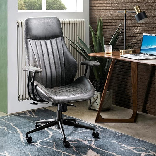 ovios Ergonomic Office Chair, High Back Faux Leather Executive Chairs with Armrests, Comfy Mid-Century Modern Swivel Rolling Computer Armchair (Dark Grey, Suede Leather)