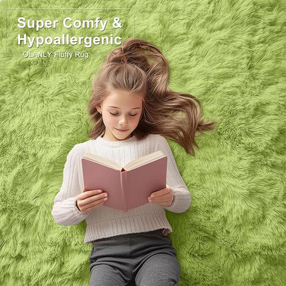 OLANLY 2x3 Machine Washable Small Bedside Rug, Soft Fluffy Shaggy Entryway Throw Rugs for Bedroom, Living Room, Indoor Floor Carpet for Kids Girl Boy, Nursery Rooms, Home Decor Aesthetic, Grass Green