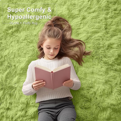 OLANLY 6x9 Machine Washable Large Area Rugs for Living Room, Bedroom, Soft Fluffy Shaggy Bedside Rug, Indoor Floor Carpet for Kids Girls and Boys, Dorms, Nursery, Home Decor Aesthetic, Grass Green