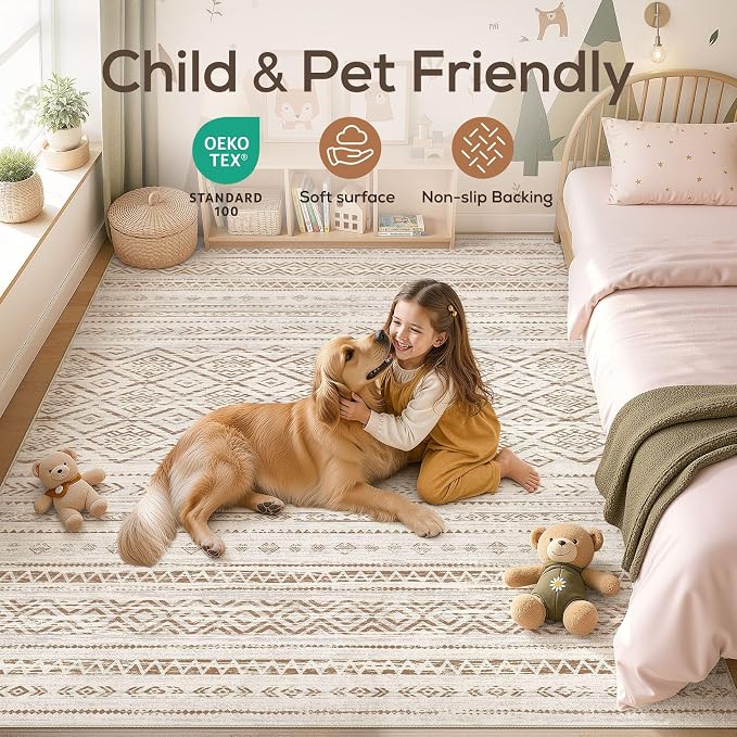 Nakagishi Area Rug Living Room Rugs: 10x12 Large Soft Machine Washable Boho Moroccan FarmNeutral Stain Resistant Indoor Floor Carpet for Bedroom Under Dining Table Home Office Decor-Brown