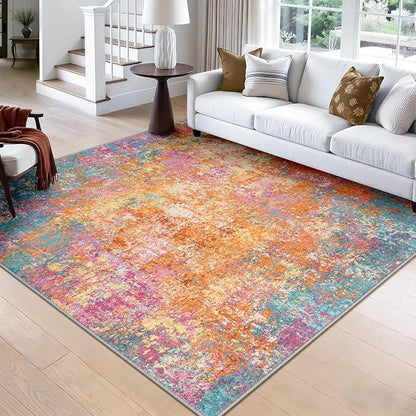 RELEANY Washable Area Rugs Square 8ft Non-Slip Modern Abstract Soft for Living Room Entryway Bedroom Kitchen, Print Pattern, Orange Blue Pink Yellow Colorful
