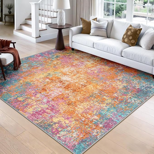 RELEANY Washable Area Rugs Square 8ft Non-Slip Modern Abstract Soft for Living Room Entryway Bedroom Kitchen, Print Pattern, Orange Blue Pink Yellow Colorful