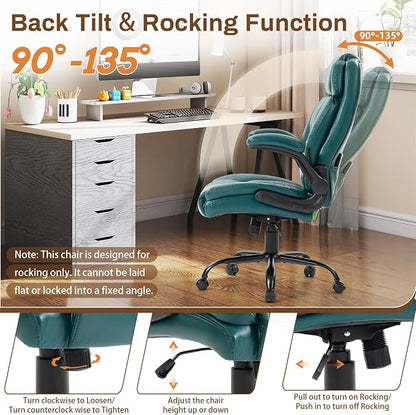 Massage Office Chair,500LBS Ergonomic Rocking Executive Desk Chairs with 4 Points Vibration&Heat,Padded Flipup Armrests for Big and Tall Office Chair,Swivel Computer Chair PU DarkGreen