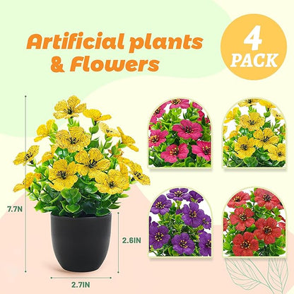 Der Rose 4 Pack Small Fake Plants with Fragrance Discs Spring Faux Flowers in Black Pots Artificial Plants Indoor for Bathroom Room Office Desk Decor
