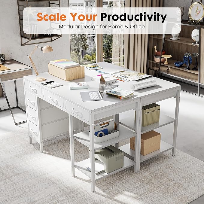 OLIXIS Computer Desk with 6 Drawers, 47 inch Office Workstation with Storage Shelves, Reversible Gaming Setup, Corner Table with Storage Drawers, Work for Home Office, Study, Living Room, White