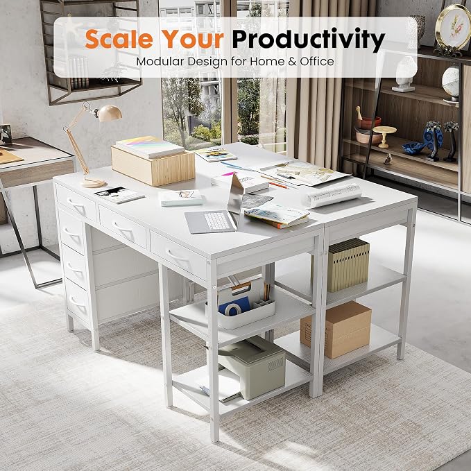 OLIXIS Computer Desk with 6 Drawers, 46 inch Office Workstation with Storage Shelves, Reversible Gaming Setup, Corner Table with Storage Drawers, Work for Home Office, Study, Living Room, White