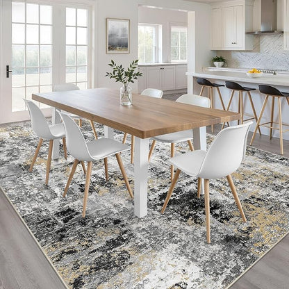 7x9 Area Rug Living Room: Washable Large Abstract Neutral Modern Soft Rug Stain Resistant Indoor Floor Non-Slip Accent Carpet for Bedroom Nursery Playroom Dining Room Office Dorm Home- Black Gold