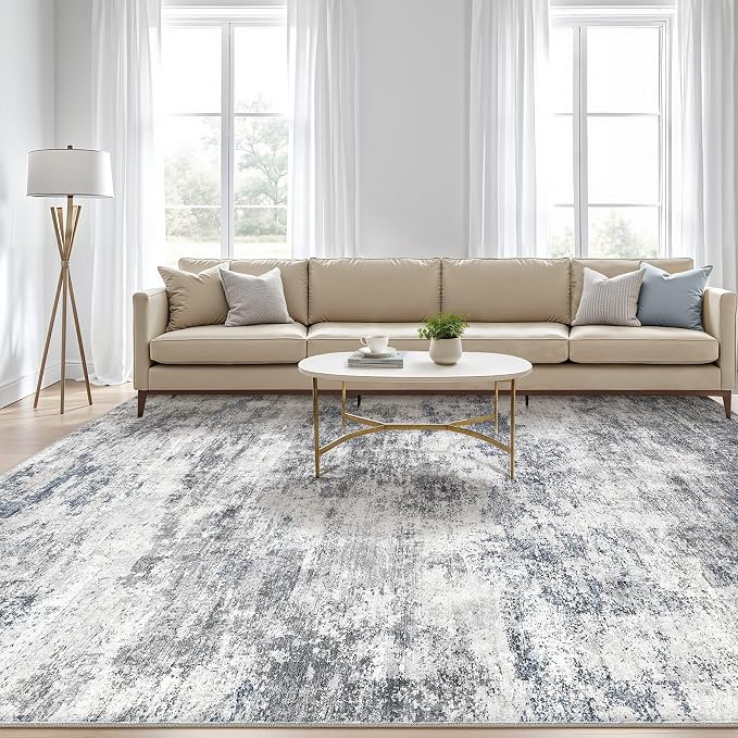 7x9 Area Rug Living Room: Washable Large Abstract Neutral Modern Soft Rugs Stain Resistant Indoor Floor Non-Slip Accent Carpet for Bedroom Nursery Playroom Office Dining Room Home Decor- Blue Gray