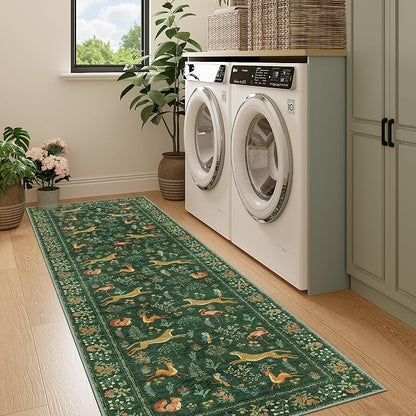 DUKINO Runner Rug, 2x7 Washable Kitchen Rugs for Hallways with Non Slip Backing, Soft Low Pile Vintage Animal Runner for Kitchen, Hallway, Entryway, Laundry, Bedroom, Green