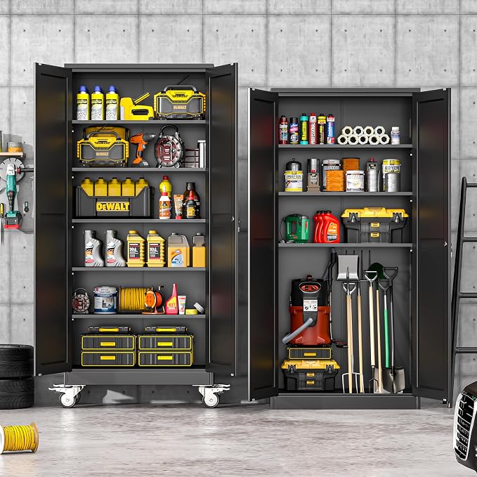 winiowa 75" Tall Metal Garage Storage Cabinet with Wheels, Steel Locking Rolling Tool Cabinet with 5 Adjustable Shelves for Garage,Home,Office (Black)