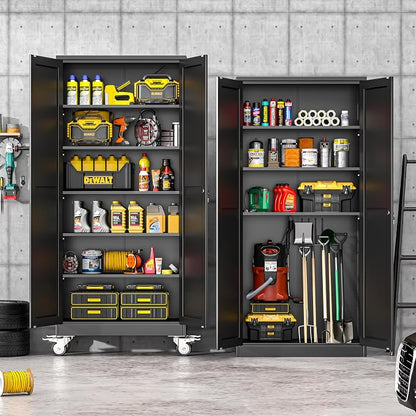winiowa 75" Tall Metal Garage Storage Cabinet with Wheels, Steel Locking Rolling Tool Cabinet with 5 Adjustable Shelves for Garage,Home,Office (Black)