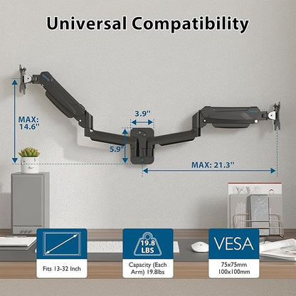 BONTEC Dual Monitor Wall Mount for 13-32 Inch Screens, Height Adjustable Gas Spring Arm with Tilt, Swivel & Rotate, Hold Up to 19.8 lbs, Fully Adjustable, Office & Home Use, VESA 75x75/100x100