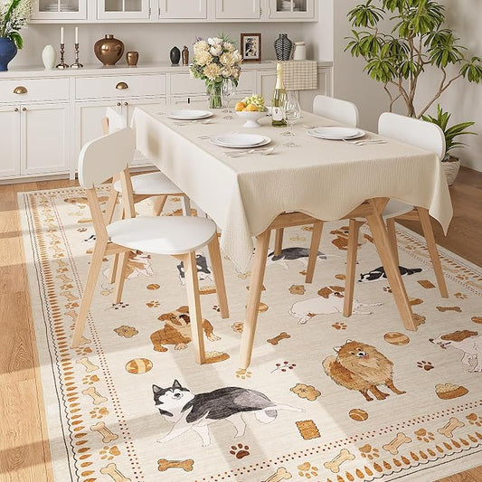 DUKINO 6x9 Rug for Living Room, Lightweight Animal Dog Print Washable Area Rug, Non Slip & Low Pile Floor Mat, Stain Resistant Large Carpet for Bedroom, Nursery, Farmhouse, Kids Playroom, Beige Yellow