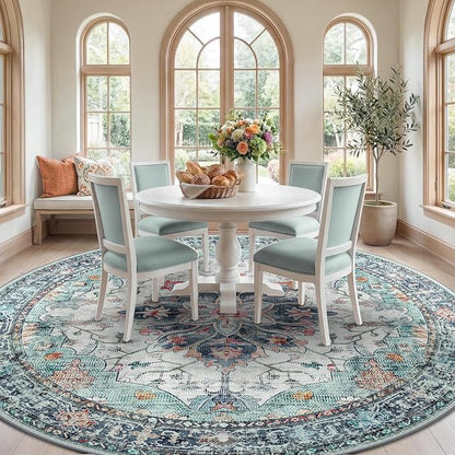 RELEANY Area Rugs Round 10ft Washable Non-Slip, Floral Vintage Distress Medallion Carpet for Living Room Bedroom Dining Room, Green Navy Blue White Red Teal