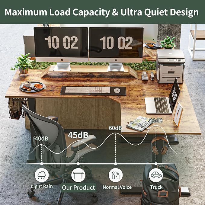 FEZIBO Triple Motor 63" L Shaped Standing Desk, Electric Standing Gaming Desk Adjustable Height, Corner Stand up Desk with Splice Board, Black Frame/Rustic Brown Top