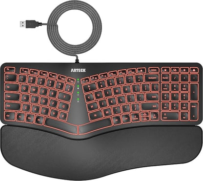 Arteck Ergonomic USB Wired Keyboard with Cushioned Wrist & Palm Rest, Backlit 7 Colors & Adjustable Brightness Comfortable Natural Split Keyboard with 6 Feet Wire for Windows Computer Desktop Laptop