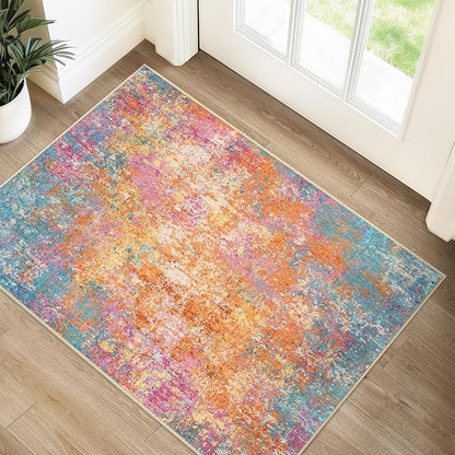 RELEANY Washable Area Rugs 2'x3' Non-Slip Modern Abstract Soft for Living Room Entryway Bedroom Kitchen, Print Pattern, Orange Blue Pink Yellow Colorful