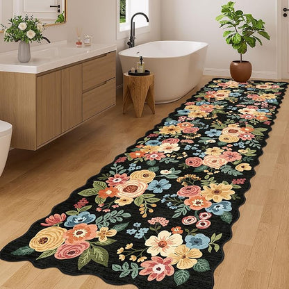 DUKINO 3x10 Washable Runner Rug, Non Slip Floral Ultra Soft Runner for Hallway, Lightweight Low Pile & Stain Resistant Long Throw Carpet for Kitchen, Bathroom, Entrance, Bedroom, Kids Room, Black