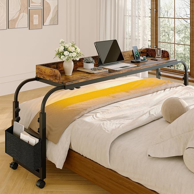 Winkalon Overbed Table with Wheels and Height Adjustable, Queen/Full Size Bed Table with Outlets & USB Ports, Mobile Laptop Cart Computer Desk with LED Light for Home Office (Rustic Brown)