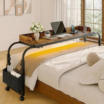 Winkalon Overbed Table with Wheels and Height Adjustable, Queen/Full Size Bed Table with Outlets & USB Ports, Mobile Laptop Cart Computer Desk with LED Light for Home Office (Rustic Brown)