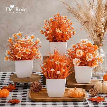 Der Rose 4 Pack Fall Fake Flowers Mums Artificial Plants in Pots Home Decor | Autumn-color potted flowers, warm seasonal faux blooms, for bathroom desk shelf office wedding and fall farmhouse home decor