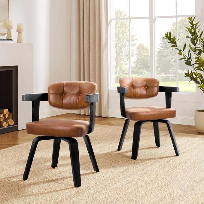 Art Leon Modern Dining Chairs - Set of 2 Mid Century Dining Chairs Faux Leather Upholstered Swivel Dining Chair, Comfy Desk Chair No Wheels Accent Arm Chairs for Kitchen Living Room Study, Brown
