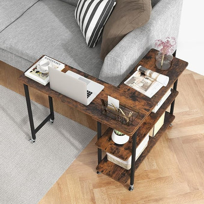 Tangkula 360° Rotating Sofa Side Table, Patented Mobile End Table with 2-Tier Storage Shelves, Swivel Rolling Desk with 6 Lockable Wheels, Metal Frame, Movable Laptop Table Couch Snack Table for Home