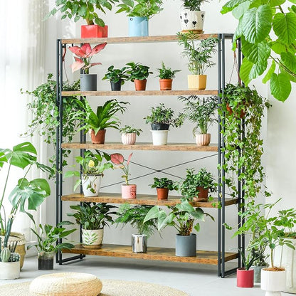 HCHQHS Bookshelf, 5-Tier Industrial Bookcase, Rustic Open Book Shelf, Freestanding Tall Bookshelves with Metal Frame