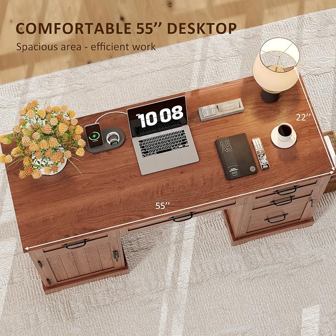 Whalefall 55'' Farmhouse Desk Home Office with Drawers, Brown | Executive Computer Desk with File Cabinet and Charging Station, Wooden Small Desk with Locking Drawers Storage