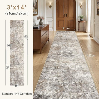 UERMEI 3x14 Washable Runner Rug for Hallway, Non Slip Low Pile Kitchen Carpet, Neutral Modern Abstract Indoor Floor Mat for Entryway Laundry, Kid & Pet Safe High Traffic Area, Brown Grey