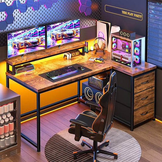 EnHomee 40''L Shaped Computer Desk with 3 Drawers & Monitor Stand, Small Gaming Desk with Power Outlet & LED Lights, Corner Desk for Gaming, Home Office, Study Room, Rustic Brown