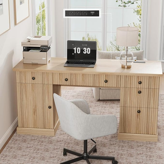 Garvee 60" Office Desk with Storage & Drawers, Fluted Wood Executive Desk with File Drawer & Charging Station, Modern Computer Desk with Adjustable Shelves for Home Office, Oak