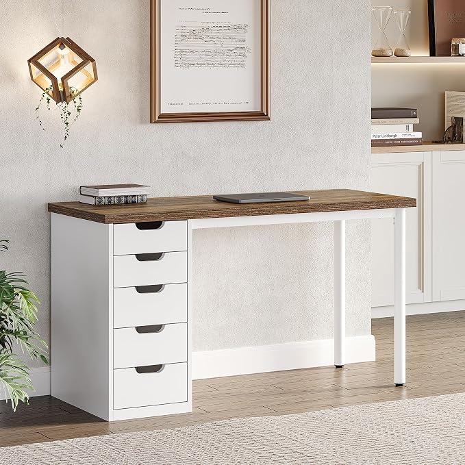 LITTLE TREE Computer Desk with 5 Drawers, 47 Inch Modern Simple Study Writing Desk with Metal Frame, Work Desk for Home Office, Rustic Brown and White