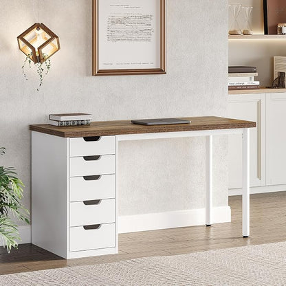 LITTLE TREE Computer Desk with 5 Drawers, 47 Inch Modern Simple Study Writing Desk with Metal Frame, Work Desk for Home Office, Rustic Brown and White