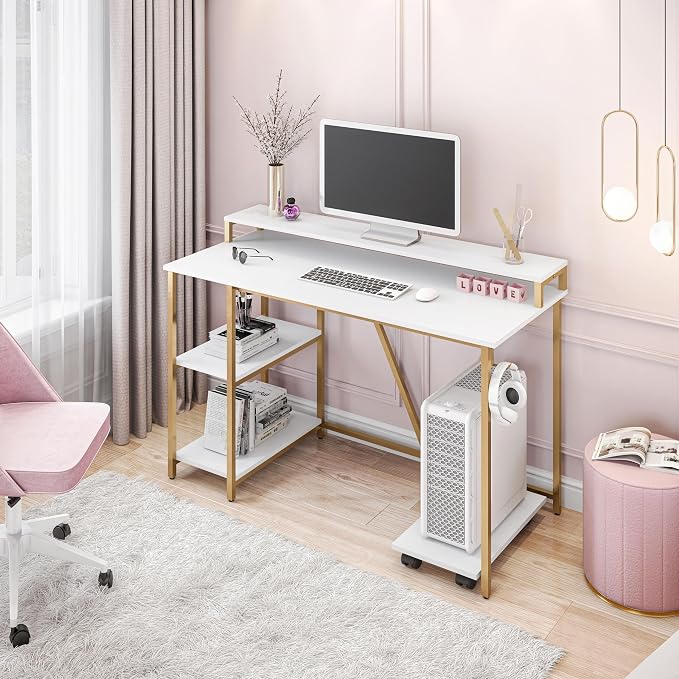 Techni Mobili Computer Desk - Industrial Writing Desk with Storage Shelves, Monitor Stand, & Accessory Holder - Home Office Laptop Computer Table with CPU Caddy & 2-Tier Small Bookshelf Space