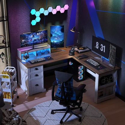 Lareth Executive L Shaped Desk with Monitor Stand, 59 inch Farmhouse Corner Computer Desk with Power Outlets & LED Lights, Home Office Desk with File Cabinet for Working Gaming Writing, White