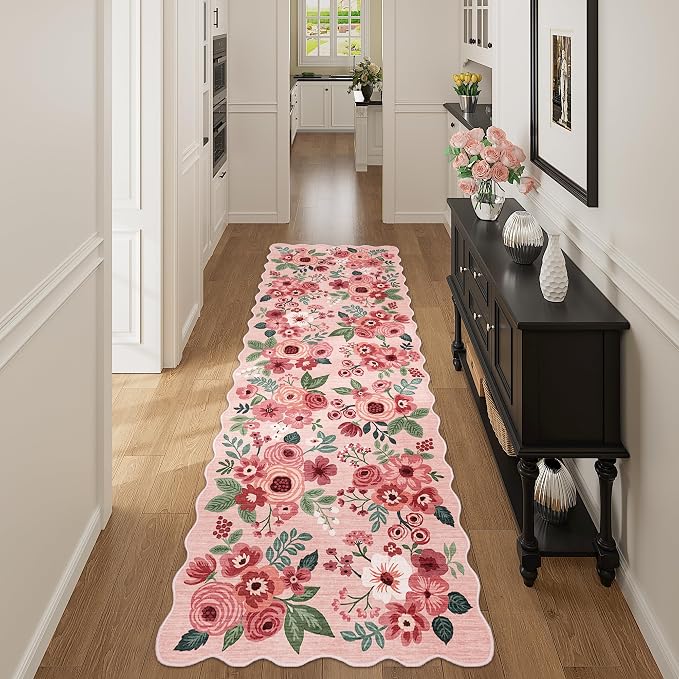 DUKINO 2.6x8 Runner Rug for Hallway, Washable Kitchen Rug with Non Slip Backing & Non-Shediing, Soft Low Pile Floral Design Runner for Bedroom, Kithchen, Living Room, Laundry, Bathroom, Pink