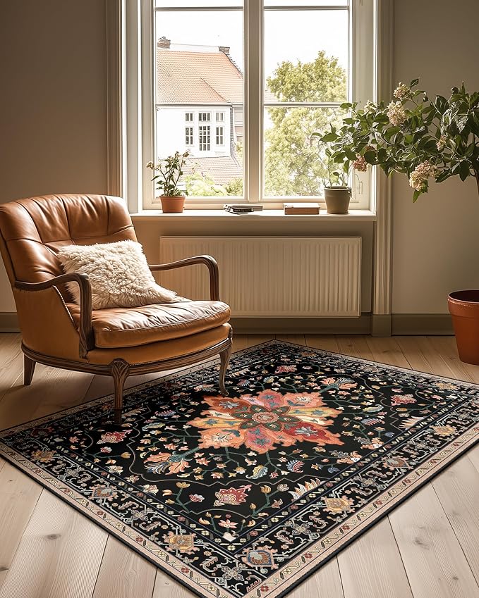 RELEANY Area Rugs 3'x4' Washable Non-Slip, Floral Vintage Distress Medallion Carpet for Living Room Bedroom Dining Room, Black Colorful Floral Dark Tan