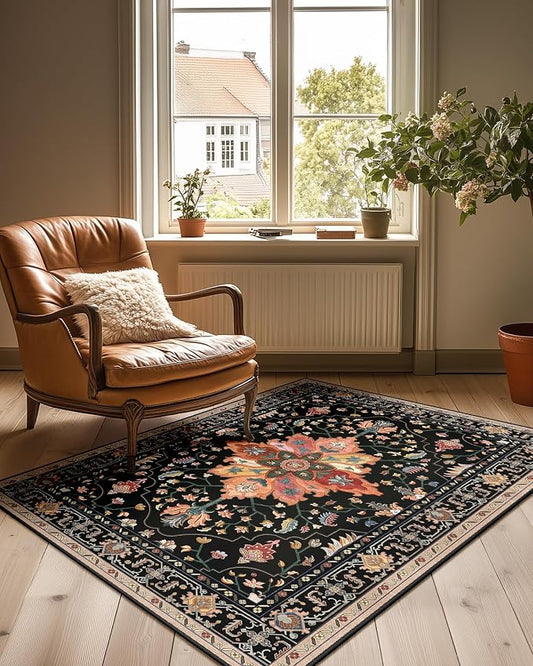 RELEANY Area Rugs 3'x4' Washable Non-Slip, Floral Vintage Distress Medallion Carpet for Living Room Bedroom Dining Room, Black Colorful Floral Dark Tan