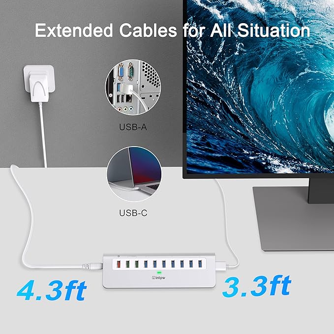 Powered USB Hub 10Gbps, 10 Port USB 3.2 Gen 2 Hub with 7 USB 3.2 Data Ports, 3 Fast Charging Ports, 36W Power Adapter, Type A and Type C Cable, Aluminum USB Hub for Laptop, Mac, PC